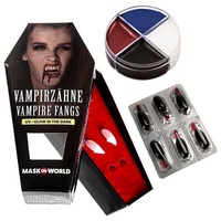 Maskworld Kostüm Vampir-Set Vlad, Vampir Erweiterungs-Set mit Zähnen, Blut und Vampirschminke weiß