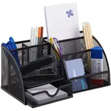 Relaxdays Schreibtisch-Organizer 6 Ablagen, kompakter Büroorganizer Metall, Schublade, Zettehalter, Stifteköcher, schwarz