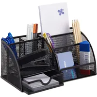 Relaxdays Schreibtisch-Organizer 6 Ablagen, kompakter Büroorganizer Metall, Schublade, Zettehalter, Stifteköcher, schwarz