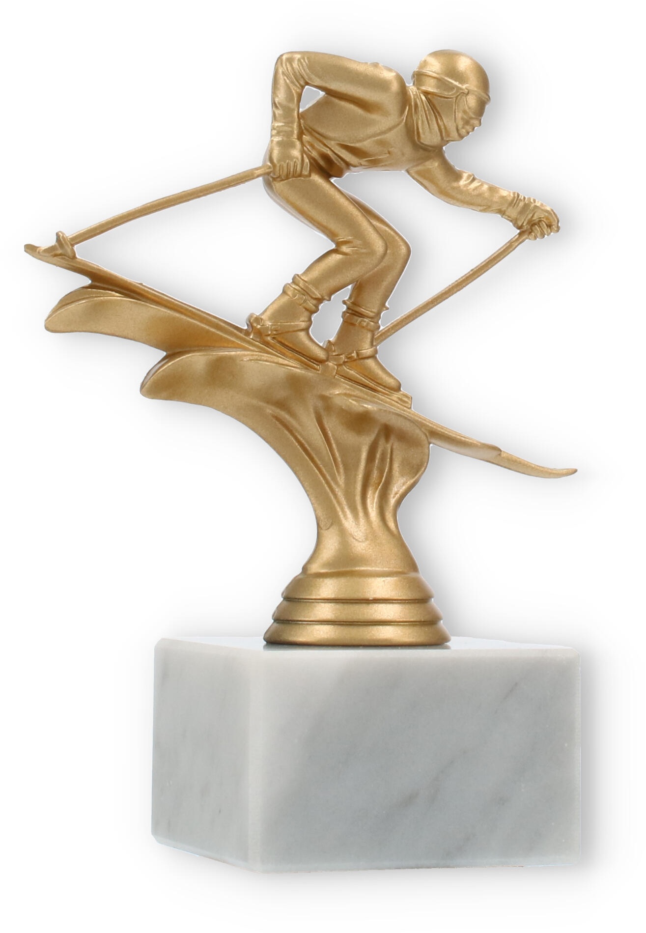 Pokal Kunststofffigur Ski Abfahrt goldmetallic auf weißem Marmorsockel 15,6cm