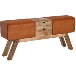 Kadima Design Retro-Sitzbank mit Schubladen: Massivholz, Stoffbezug, 2 Schubladen, Seitentasche. Beige, Material: Leder, 120x30x56 cm