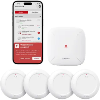 X-Sense Wassermelder WLAN mit SBS50 Basisstation, Smarter Wassermelder, App-Warnungen(nur 2.4Ghz), wasserdicht nach IP67, Funk-Wassersensor für Küche, Bad, Keller, SWS0A41, 5er Set