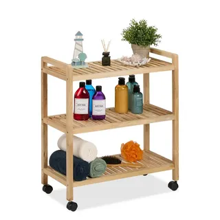 Relaxdays Badregal Holz mit Rollen Hellbraun,Schwarz