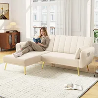 Merax Schlafsofa Klappsofa Ecksofa mit Schlaffunktion, Verstellbarer Rückenlehne, Sofabett aus Samtstoff, L-förmiges Sofa für Wohnzimmer/Schlafzimmer/Gästezimmer, Beige
