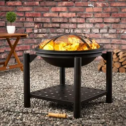 GARDEBRUK® Feuerschale mit Funkenschutz Schürhaken Abdeckung 55cm Stahl Feuerstelle Feuerkorb Terrassenofen Grill Garten