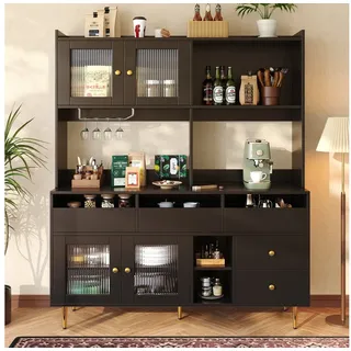 Ulife Hochschrank Vitrine, Barschrank mit Changhong-Glastür & Weinglasregal mehrschichtiger Stauraum, 145 x 39 x 171 cm schwarz