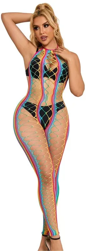 SUBBLIME  952358 Rainbow Neckholder Netz-Kleid One Size (Einheitsgröße)