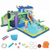 AIYAPLAY Hüpfburg Wasserpark mit Rutsche Planschbecken Trampolin Kletterwand, (Springburg mit Hai-Design, 1-tlg., 8-in-1 aufblasbare Wasserpark), für 3–8 Jahre für Indoor Outdoor 405x345x235cm Mehrfarbig bunt
