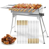 Mangal Holzkohlengrill Edelstahl – Tragbarer Klappgrill mit 14 Spießen, Grillrost, Ascheschublade & Ablagefläche | BBQ Grill für Garten, Terrasse & Camping