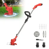 Akku Rasentrimmer mit Akku und Ladegerät, 21V Verstellbarer Rasenkantenschneider mit Messer, Teleskop-Freischneider, Schwenkbarer Kopf für Rasen Garten Beschneiden, 450W, 18000RPM (Rot)