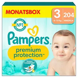 Pampers® Windeln Monatsbox premium protectionTM Größe Gr.3 (6-10 kg) für Babys und Kleinkinder (4-18 Monate), 204 St.