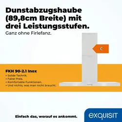 Exquisit Dunstabzugshaube FKH90-2.1 Inox | Kaminhaube | Energieeffizienzklasse C | Inox | 90cm breit | Wandmontag | Aktivkohlefilter