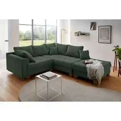 Ecksofa HOME AFFAIRE "Rice L-Form inkl. Hocker", grün (flaschengrün), B:216cm H:42cm T:185cm, 100%Polyester, Sofas, mit Bonnellfederkern, Hocker & Kissen, Ottomane beidseitig montierbar