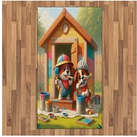 Teppich Flachgewebe Deko-Teppiche für das Wohn-,Schlaf-, und Essenszimmer, Abakuhaus, rechteckig, Hunde Welpen malen das Hundehaus grün|orange 80 cm x 150 cm