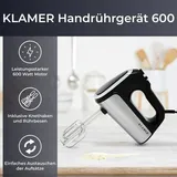 Klamer Handrührgerät, 600 Watt Handrührer mit Turbostufe, 5 Stufen Handmixer mit Schneebesen und Knethaken aus Edelstahl