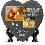 AIGAT Personalisierbare Herz Gedenktafel 25 x 25 cm mit Name, Datum, Foto und Ständer für Haustier Katze Hund Schiefer Stein Pfote Grabmal - Zwei Fotos