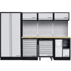 Kraftwerk 4-Element-Schrankwand mit Vierkantlochwand Länge 2955 mm Multiplex-Arbeitsplatten