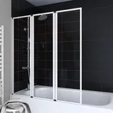 Marwell Badewannenfaltwand weiß 3-teilig 125x143 cm, Schwenkbare Duschwand für Badewanne, 4 mm Sicherheitsglas, Aluminiumprofile ohne sichtbare Verschraubungen, beidseitig montierbar