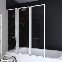 Marwell Badewannenfaltwand weiß 3-teilig 125x143 cm, Schwenkbare Duschwand für Badewanne, 4 mm Sicherheitsglas, Aluminiumprofile ohne sichtbare Verschraubungen, beidseitig montierbar