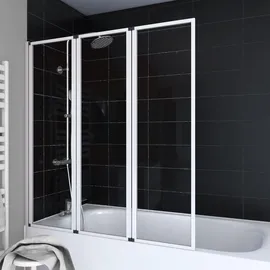 Marwell Badewannenfaltwand weiß 3-teilig 125x143 cm, Schwenkbare Duschwand für Badewanne, 4 mm Sicherheitsglas, Aluminiumprofile ohne sichtbare Verschraubungen, beidseitig montierbar