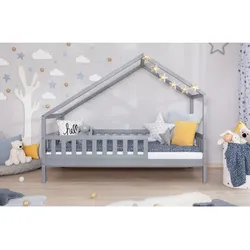 TiCAA TiCAA Hausbett Bodenbett wandelbar mit asymmetrischem Dach "Lou" 90/100/120/140x200 cm für Jungen & Mädchen, inkl. Rolllattenrost & Rausfallschutz, Montessori Bett aus Kiefer Massivholz