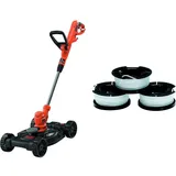 Black+Decker 3-in-1 Multi-Trimmer/Rasenkantenschneider/Rasenmäher (550W, 30 cm Schnittbreite, für Kleine) schwarz & Fadenspulen (für Trimmer 3er Pack- 3 x 10 m Länge, ⌀ 1,5 mm Fadendurchmesser)