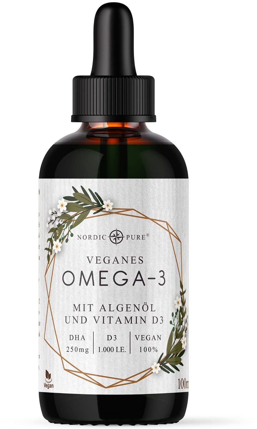 Veganes Omega 3 Algenöl Präparat | DHA und EPA aus der Mikroalge Schizochytrium sp. | Mit Vitamin D3 | Auf Basis von Bio Hanfsamenöl | Hoher Anteil an Alpha-Linolsäure und Alpha Linolensäure, 100 ml