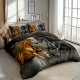Generisch Bettbezug Tiere Pferd Wettbewerb Bettwäsche Sets Microfaser Bettbezug Gold Schwarz Bügelfrei & Knitterfrei Deckenbezug 200 X 200 cm Mit Reißverschluss Und 2 Kissenbezug 80X80 cm