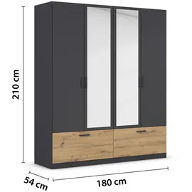 Rauch Kleiderschrank, Schrank Garderobe Wäscheschrank BARI mit Spiegel, 2 Schubladen, für Stauraum, Farbe Graumetallic, Schwarz/Eiche Artisan, Holz, Griffe grau metallic, 181x210x54cm
