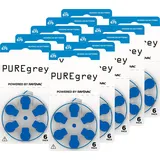 PUREgrey Hörgerätebatterien Typ 675-60 Stück Hörgeräte Batterien konzipiert für höchste Leistung – Pack mit 10 Blistern à 6 Hörgerätebatterien – PR44 Farbcode blau 1,45 Volt