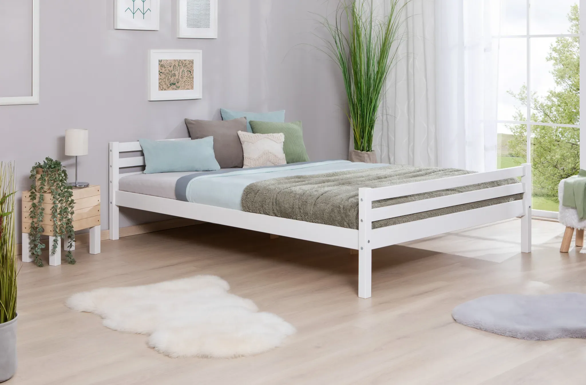 Jugendbett TICAA, weiß (kiefer massiv weiß gewachst), B:146cm L:209cm, Betten, Jugendbett, Futonbett in diversen Breiten, Kiefer, mit Rollrost