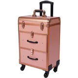 Kosmetikkoffer Trolley Make Up Koffer, 4 in 1 Kosmetikkoffer Groß Friseurkoffer für Reisen abschließbar Nagelkoffer Tattoo Koffer mit 360° drehbaren Rollen, Maximale Belastung 50kg (Gold)