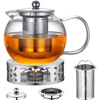 Glas Teekanne mit Stövchen Set, 1300ml Teekanne aus Borosilikatglas mit Edelstahl-Siebeinsatz & abnehmbarem Deckel, Inklusive Teelichtofen - Für Alle Teesorten (Kräutertee, Früchtetee, Grüntee)