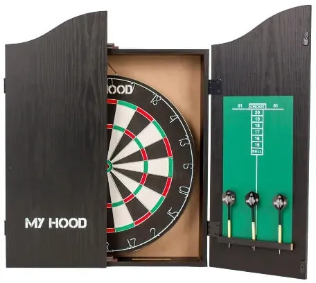 Dartspiel im Schrank wendbar laminiertes MDF schwarz 50x63x8,5 cm 2 Punktezähler 6 Messingpfeile - My Hood - Kinder ab 8 Jahren