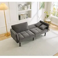 Merax 2-in-1 Schlafsofa Zweisitzer, Verstellbares Funktionssofa mit Samtbezug und Schlaffunktion, Klappbare Armlehnen, inkl. Kissen, Grau - Grau