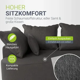 Juskys Sofa Tirano - Ecksofa L-Form, inkl. Kissen, 4-Sitzer Eckcouch, Samt Dunkelgrau &