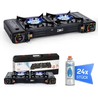 ZMC Camping Gaskocher 2-flammig mit 24x Gaskartuschen 227g, 2,5 KW inkl. Adapter für LPG Anschluss + Aufbewahrungskoffer Campingkocher Set mit Piezozündung, für Outdoor und Innenraum