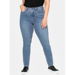 Stretch-Jeans SHEEGO, Damen, Gr. 46, Normalgrößen, blau (blau denim), 37% Viskose, 34% Baumwolle, 27% Polyester, 2% Elasthan, unifarben, lang, Jeans