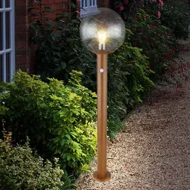GLOBO Gartenleuchte mit Bewegungsmelder Außenleuchte Stehlampe Standleuchte Terrassenlampe, Holzoptik Alu Glas braun,1x E27, Dxh 25x100 cm