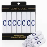 DUDU N GIRLIE Weiße Taschentücher für Herren/Herren mit Satinrand und schwarzen gestickten Initialen, C, Einheitsgröße, 7 Stück