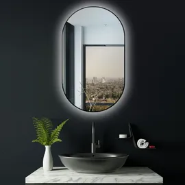 PonteSino HOKO Badspiegel LED 45x75 cm Wandspiegel Oval+Rahmen+LED Wechsel Warmweiß-Kaltweiß-Neutral 2700-6500K+Touch Schalter+Memory-Funktion. Turin - Schwarz