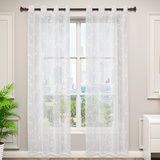 Woltu VH6052ws-2, 2er Set Gardinen transparent Blumen Stickerei mit Ösen Leinen Optik, Doppelpack Ösenschal Vorhang Voile Fensterschal Dekoschal für Wohnzimmer Schlafzimmer, 140x175 cm, Weiß