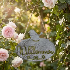 Ambiente Haus Gartenstecker Willkommen Schild mit Vogel 24 x 34 cm Grau