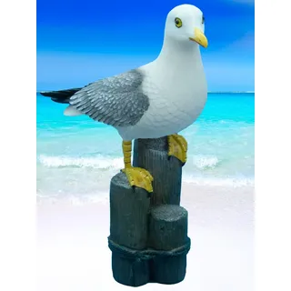 Pommerntraum ® | Gartendekoration Dekoration Wohndekoration Gartenfigur maritim Möwe Möve Vogel auf Poller (33 cm - XL)