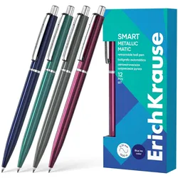 Druckkugelschreiber 0,35mm 12er Set Blau - Kugelschreiber Kullis Kulischreiber Stifte Schreibstifte für Schule & Bürobedarf - Smart Matic Metallic