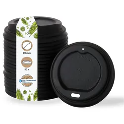 BIOZOYG 50 Stück Einwegdeckel Ø 80mm, schwarz  CPLA Bio Plastikdeckel Kaffeedeckel kompostierbar, biologisch abbaubar, umweltfreundlich