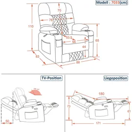 MCombo Relaxsessel 7033 Kunstleder 88 x 110 x 83 cm Braun elektrisch mit Liegefunktion