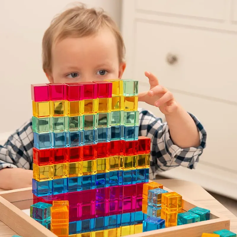 Konstruktionsspielzeug Spiegeltablett mit 100 bunten Acrylwürfeln Acryl/Buchenholz 27,2x27,2x3 cm - tickit - Lernspielzeug, fördert Feinmotorik