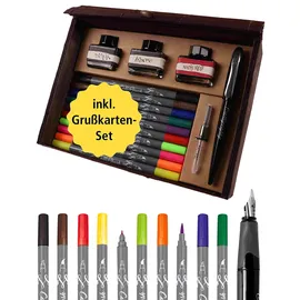 ONLINE USV-Systeme Online Schreibstifte, INSPIRATION LINE - Master Set Schriftkunst Set in Bamboo Box Schönschreibfüller Air Black Calli.Brush Handlettering Fasermaler Grußkarten Set 3x Tintenglas Konverter