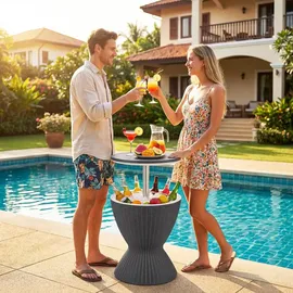 Fantask COSTWAY 3 in 1 Cool Bar, höhenverstellbarer Beistelltisch, 30L Outdoor Bier- und Weinkühler in Rattanoptik, Getränkekühler mit Abflussloch, für Terrasse, Party, Poolbereiche,